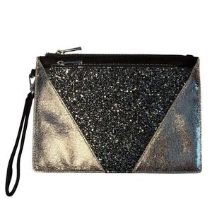 Express Glitter Accent Wristlet Clutch Silver Black Evening Party Bag